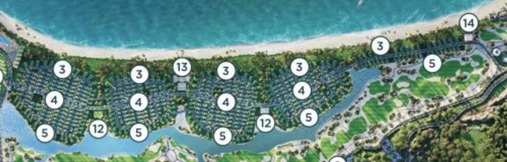 Các cụm biệt thự biển Beachfront Villa (số 3) dọc bãi biển 3 km trên sơ đồ 20 hạng mục Anara Bình Tiên, xen với Private Beach Clubhouse số 13 và Clubhouse số 12