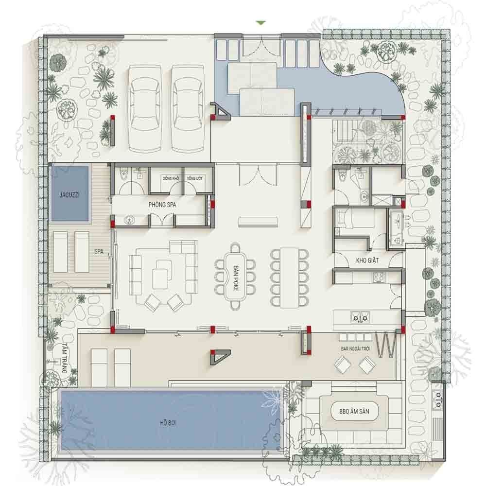 Mặt bằng tầng 1 Beachfront Villa Solari by Anara: phòng khách bếp mở, phòng spa, jacuzzi, phòng xông, hồ bơi và bar ngoài trời hướng biển