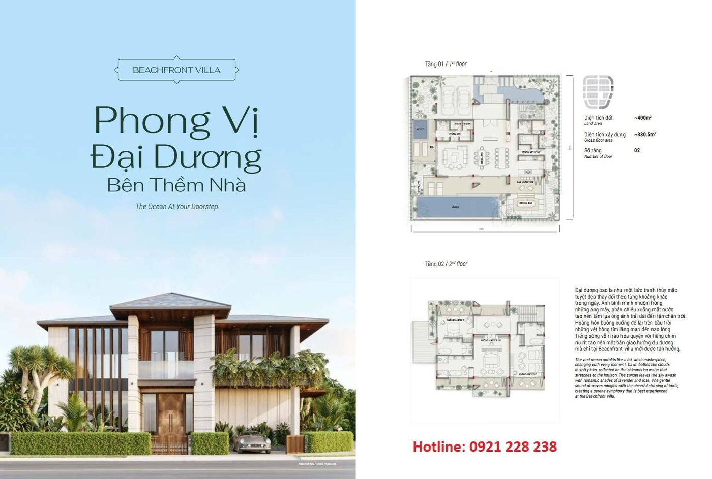 Mặt bằng tầng 1 và tầng 2 Beachfront Villa Solari by Anara: phòng spa, jacuzzi, phòng xông, bar ngoài trời cạnh hồ bơi, ban công hai mặt hướng biển