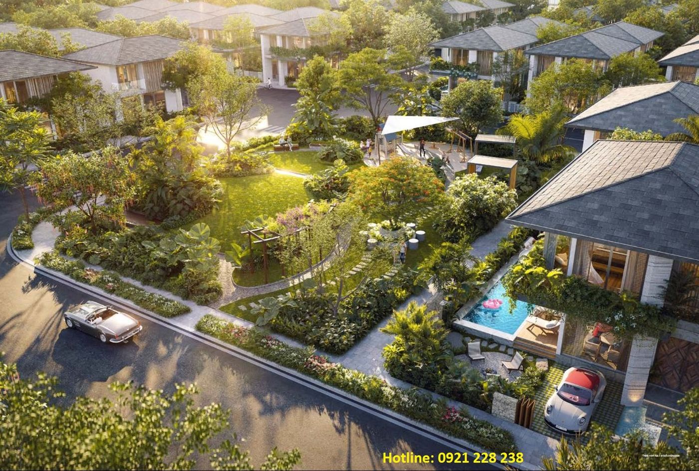 Phối cảnh Garden Villa Solari by Anara: biệt thự 2 tầng, hồ bơi riêng có cầu trượt, sân vườn nhiệt đới (hình minh hoạ chủ đầu tư)