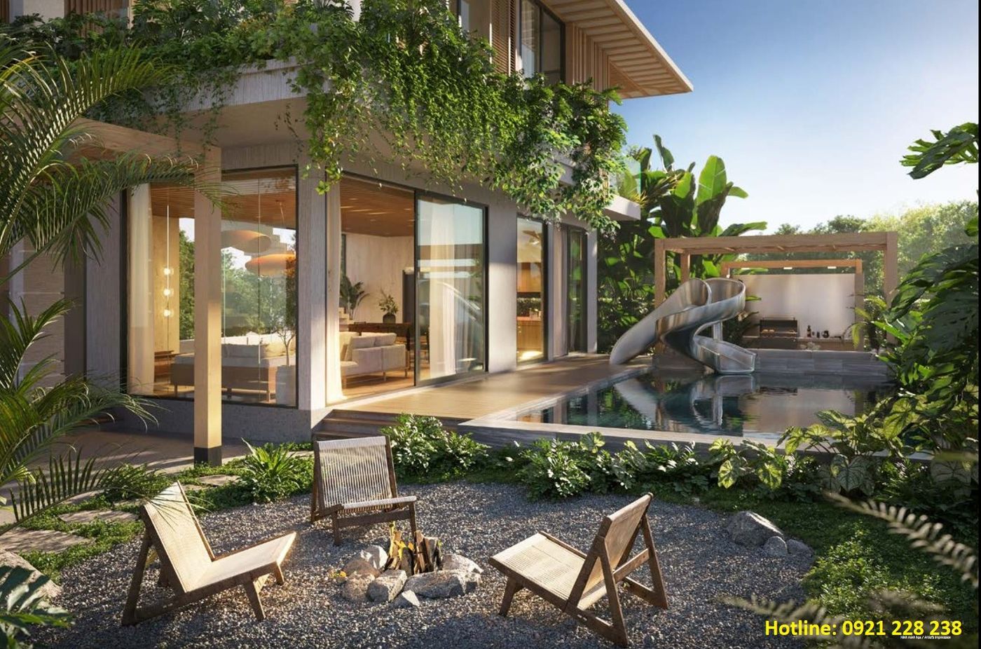 Sân đốt lửa trại và ghế ngoài trời trong sân vườn Garden Villa Solari by Anara, hồ bơi có cầu trượt phía sau (hình minh hoạ chủ đầu tư)
