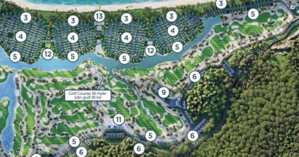 Các cụm biệt thự sân golf Golf Villa (số 5) bao quanh sân golf 18 hố số 11 trên sơ đồ 20 hạng mục Anara Bình Tiên, gần khách sạn sân golf 5 sao số 9
