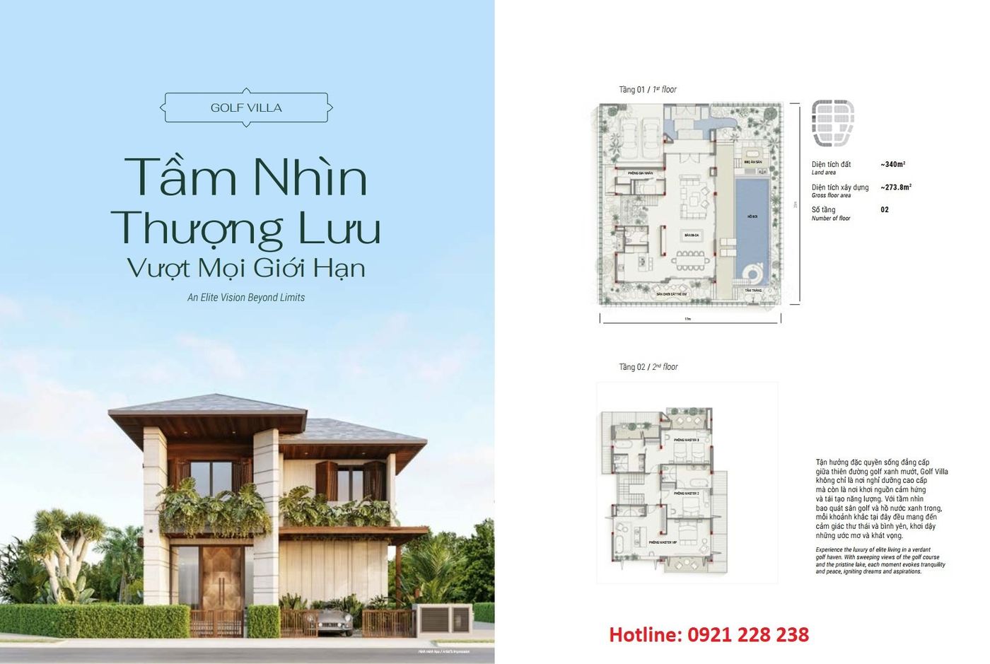Mặt bằng tầng 1 và tầng 2 Golf Villa Solari by Anara: phòng gia nhân, sân chơi cát, hồ bơi với bar, ba phòng master tầng 2 nhìn ra sân golf