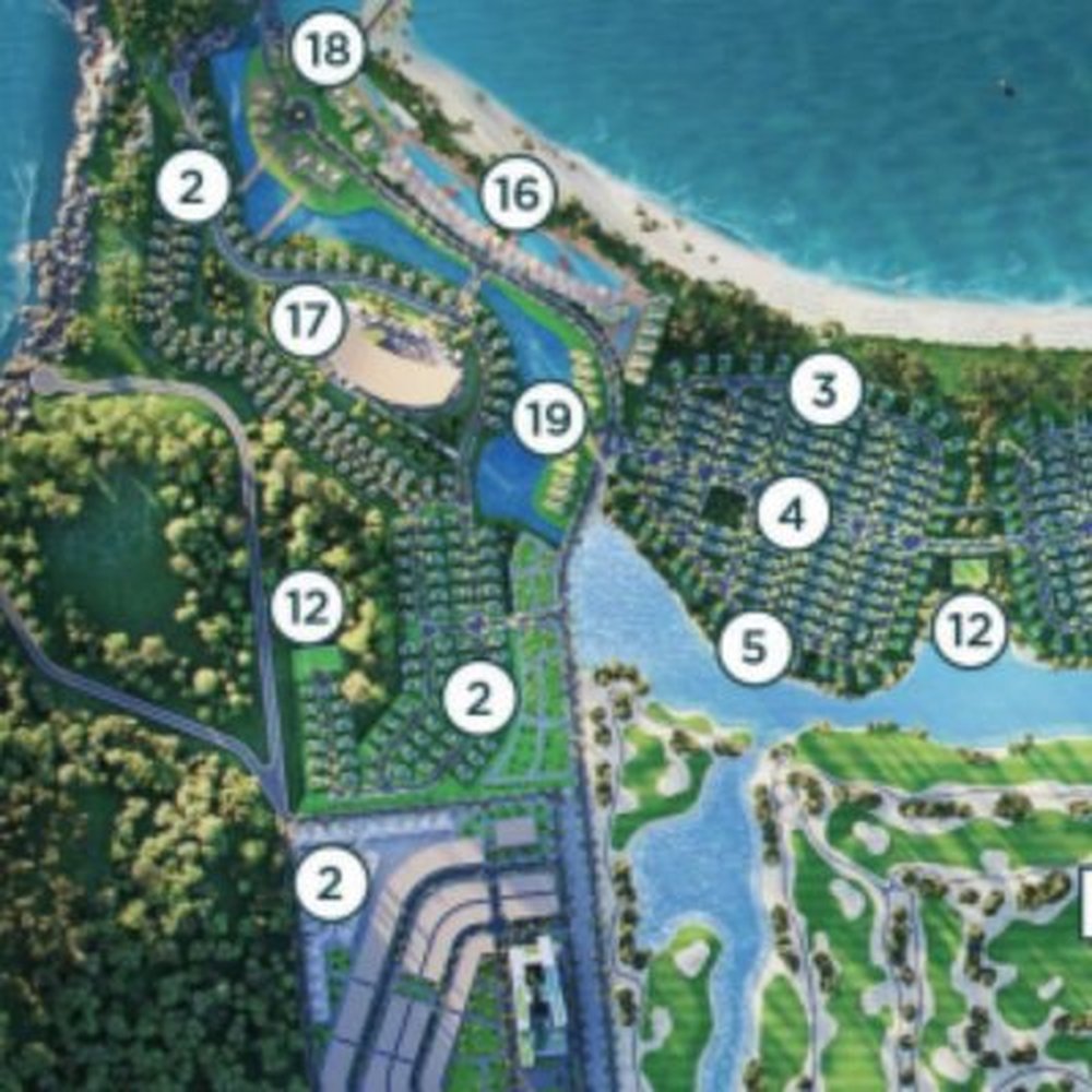 Vị trí Retreat Villa (số 2) trên sơ đồ 20 hạng mục Anara Bình Tiên, bao quanh Wellness Retreat Center số 17, gần Water park 16 và Hub central 19