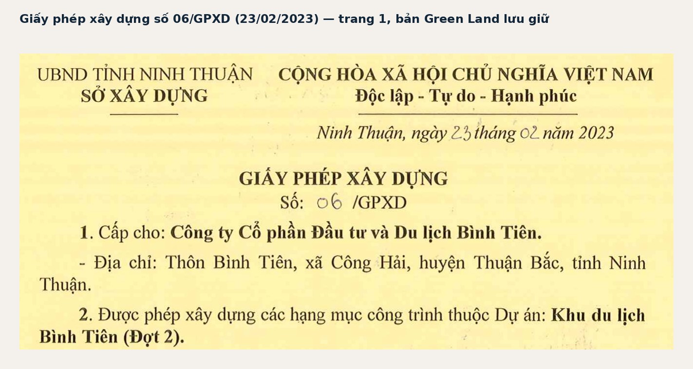 Trích đoạn trang 1 Giấy phép xây dựng số 06/GPXD ngày 23/02/2023 do Sở Xây dựng Ninh Thuận cấp cho Công ty CP Đầu tư và Du lịch Bình Tiên, dự án Khu du lịch Bình Tiên đợt 2
